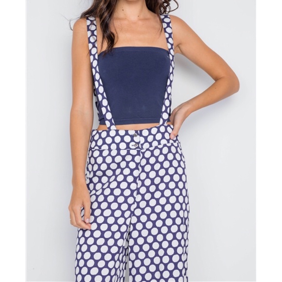 NAVY WHITE POLKA DOT WIDE LEG SUSPENDER PANTS - Picture 4 of 5